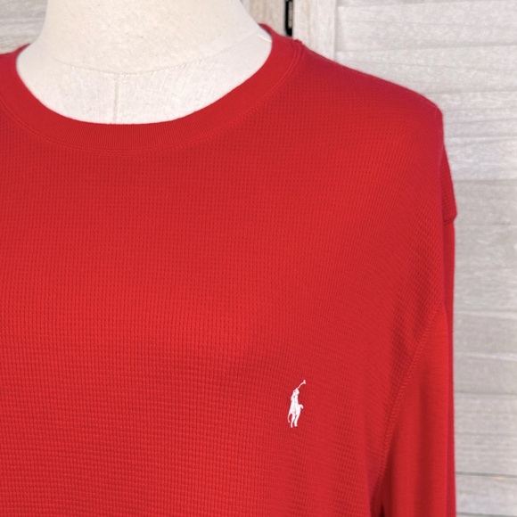 POLO RALPH LAUREN Men's Waffle Knit Crewneck Long Sleeve Tee Red/White-Large - Picture 2 of 4